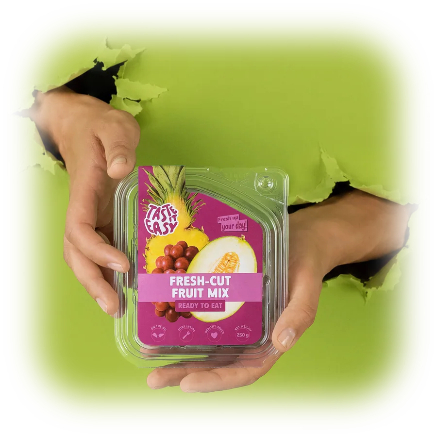 Rankos laiko Taste it easy pjaustytų vaisių mišinio pakuotę